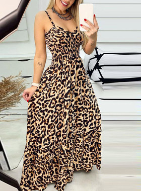 Leopard-print high-rise V-neck slip dress豹纹高腰V领连衣长裙
