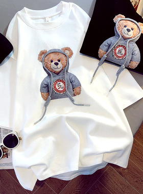 Cartoon bear patch five-sleeved T-shirt卡通小熊贴布五分袖T恤