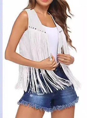 Rivet tassel deerskin velvet vest街头 铆钉流苏棕色鹿皮绒马甲