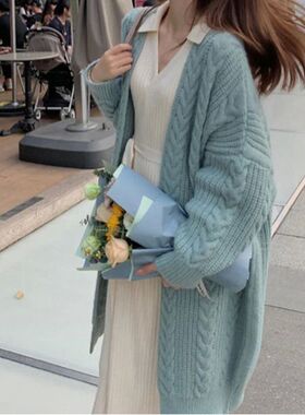 Simple loose long twist sweater coat简约宽松麻花长款毛衣外套