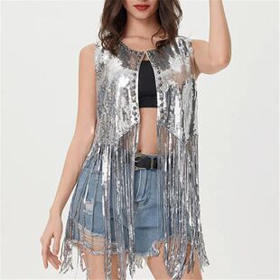 欧美风亮片流苏开衫背心马甲女Sequin Tassel Vest Party Outwear