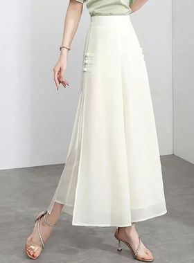 Double chiffon side split niners夏季双层雪纺侧面开叉九分裙裤