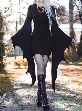 Halloween Gothic batsleeve dress万圣节哥特风蝙蝠袖系带连衣裙