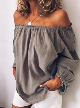 Elasticated one-neck long-sleeved top 松紧褶皱一字领长袖上衣