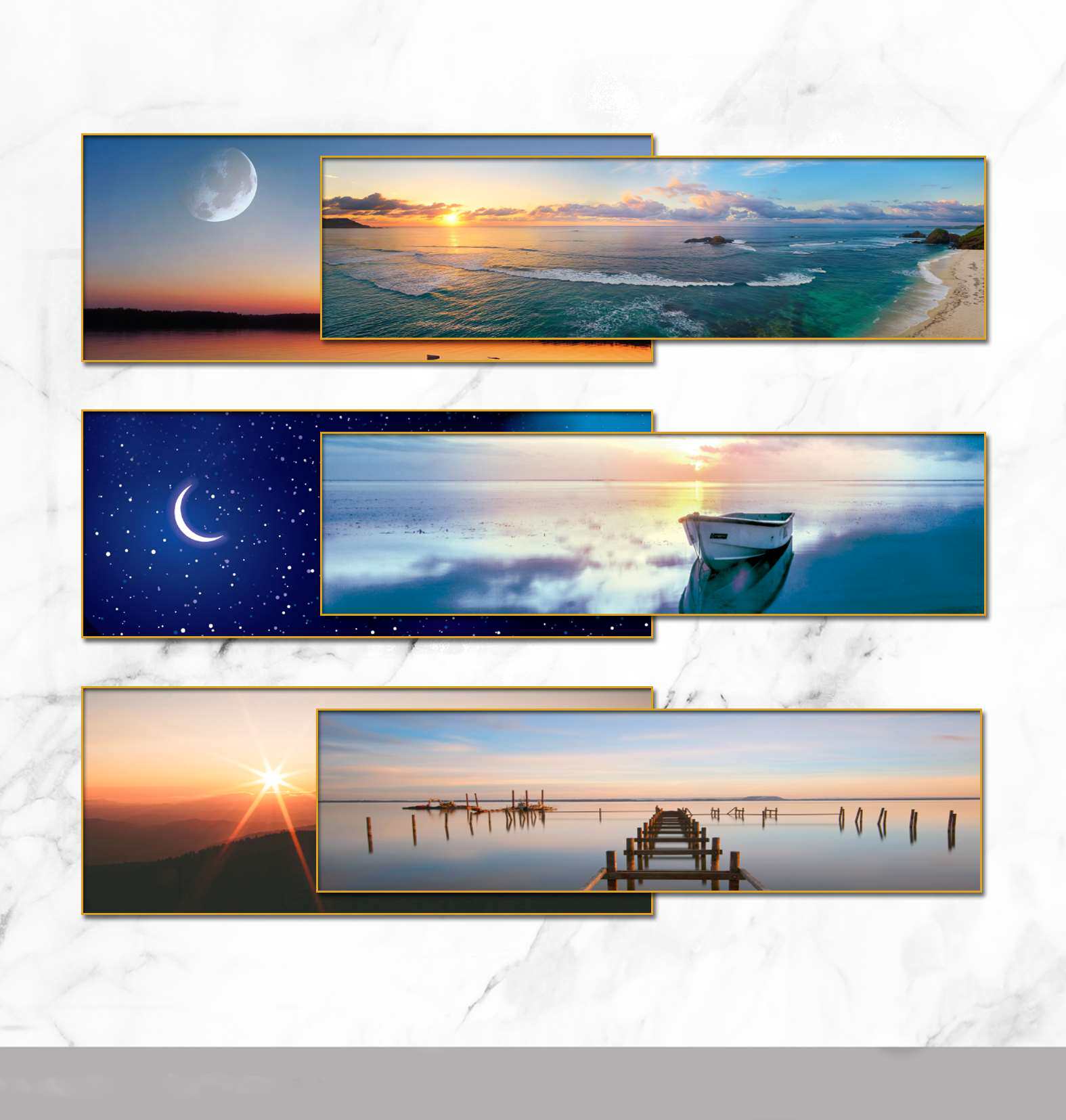 北欧唯美大海小船山水风景星空月亮横版装饰画画芯素材微喷图片