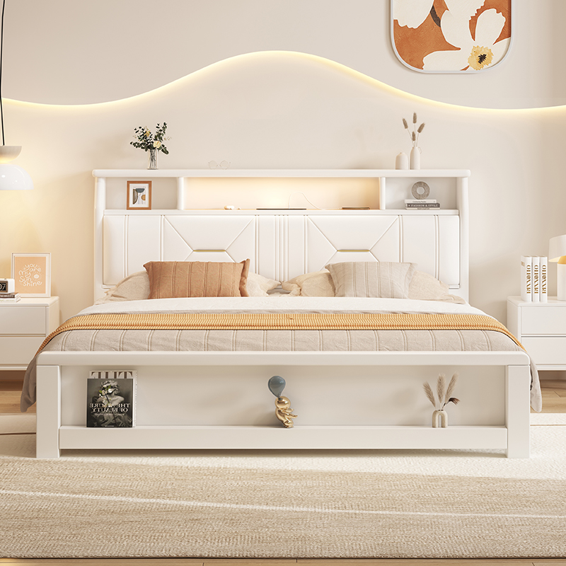全实木床现代简约白色1.8m奶油风