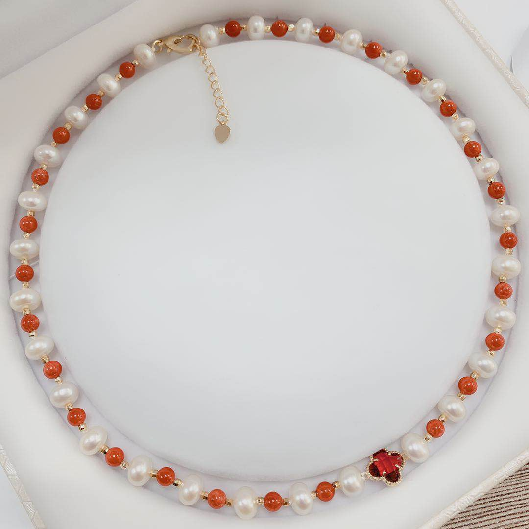 【来了就好】【Z456】红色四叶草珊瑚珍珠项链可调节