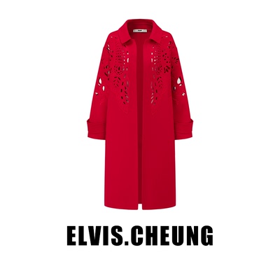 ELVIS.CHEUNG蒋云开运25贺岁盛世牡丹镂空绣羊毛双面尼大衣中长款