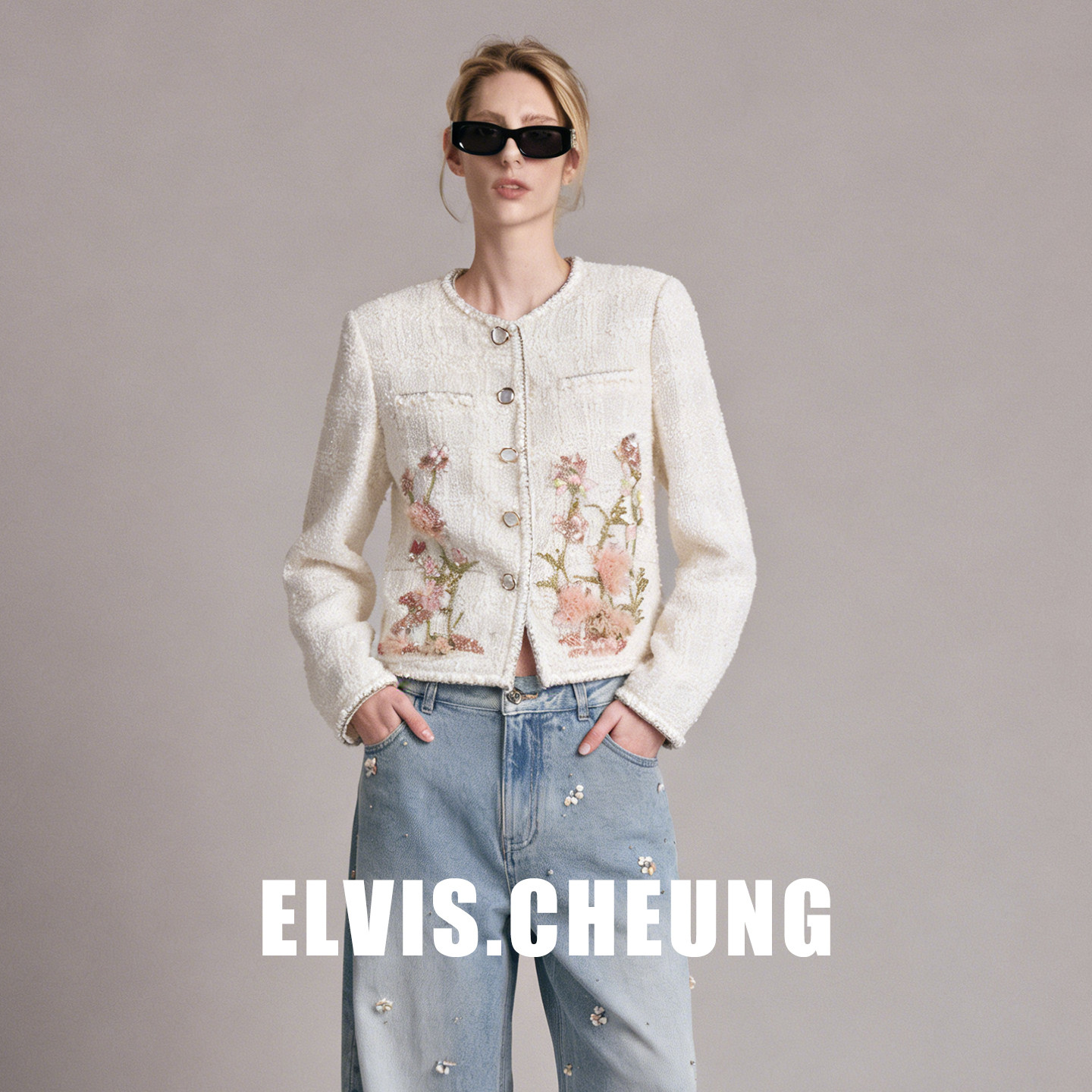 ELVIS.CHEUNG26春夏小香风花卉法绣装饰亮丝镂空短外套女开衫百搭