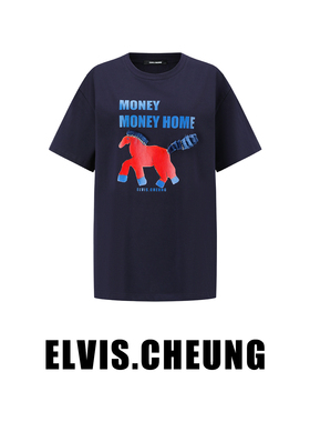 ELVIS.CHEUNG26贺岁藏青手工流苏印花短袖T恤女红色时尚宽松上衣
