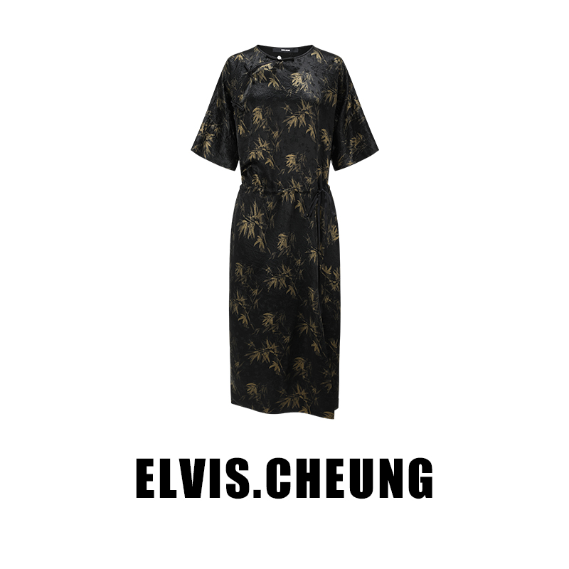 ELVIS.CHEUNG24秋季新品原创设计中式斜襟醋酸竹叶花版烫金连衣裙