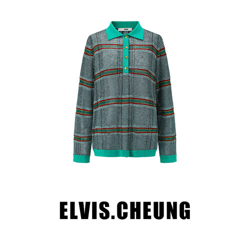 格子提花边缘编织感polo领套头长袖