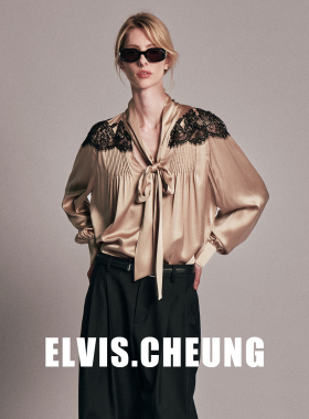 ELVIS.CHEUNG26贺岁复古蕾丝拼接装饰衬衫女长袖系带V领上衣气质