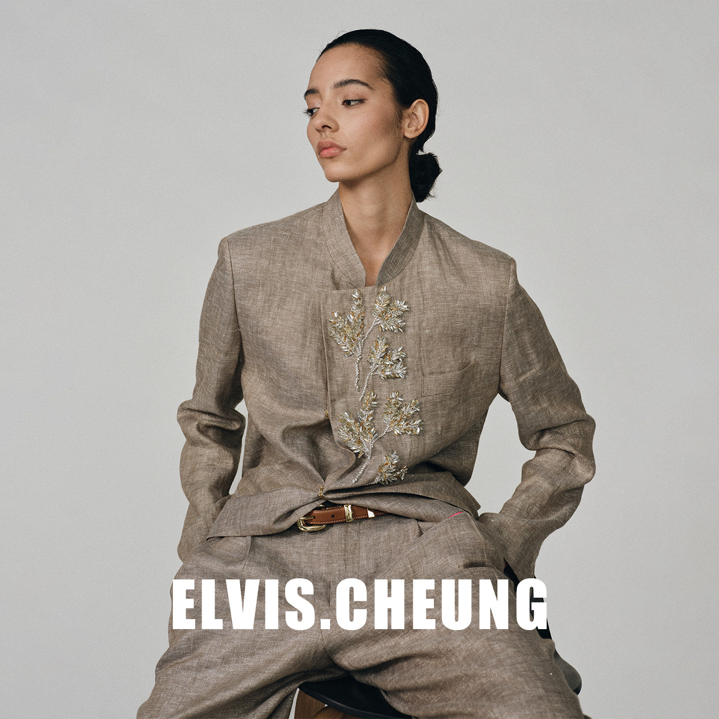 ELVIS.CHEUNG26春夏法绣装饰银丝亚麻女长袖立领刺绣气质西装外套