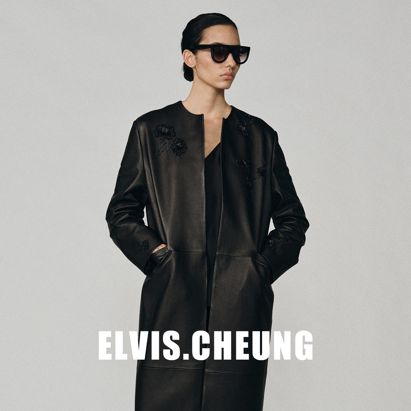 ELVIS.CHEUNG26秋冬老钱风花卉刺绣装饰无领长款西装皮衣轻奢外套