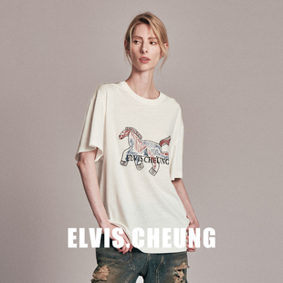 ELVIS.CHEUNG26早春麻感小马针织绣花阔版T恤短袖宽松高级感上衣