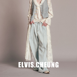 ELVIS.CHEUNG26早春美式风宽松银丝提花阔腿牛仔裤女浅蓝色休闲裤
