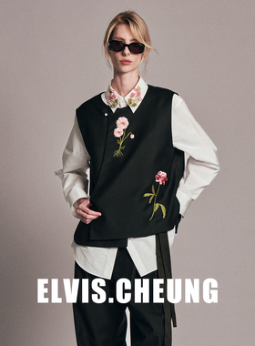 ELVIS.CHEUNG26贺岁复古绣花装饰中式精纺马甲女圆领纽扣无袖上衣