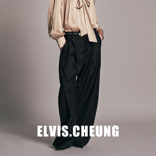 质感休闲裤 ELVIS.CHEUNG26贺岁极简风黑色精纺阔腿西裤 宽松直筒裤