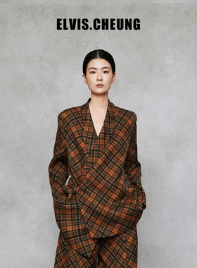 ELVIS.CHEUNG25秋冬格纹香云纱中式连裁花瓣领西装外套女休闲上衣
