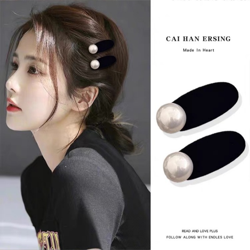 刘海夹黑色丝绒高亮珍珠发夹韩