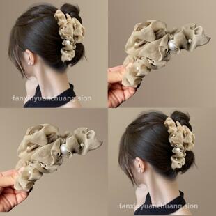 韩系显发量多超仙珍珠网纱抓夹后脑勺气质盘发鲨鱼夹高级感大号