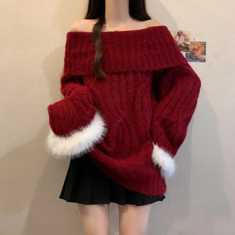 秋冬新款胖MM高级感慵懒显瘦一字领麻花毛毛袖口圣诞过年红毛衣女