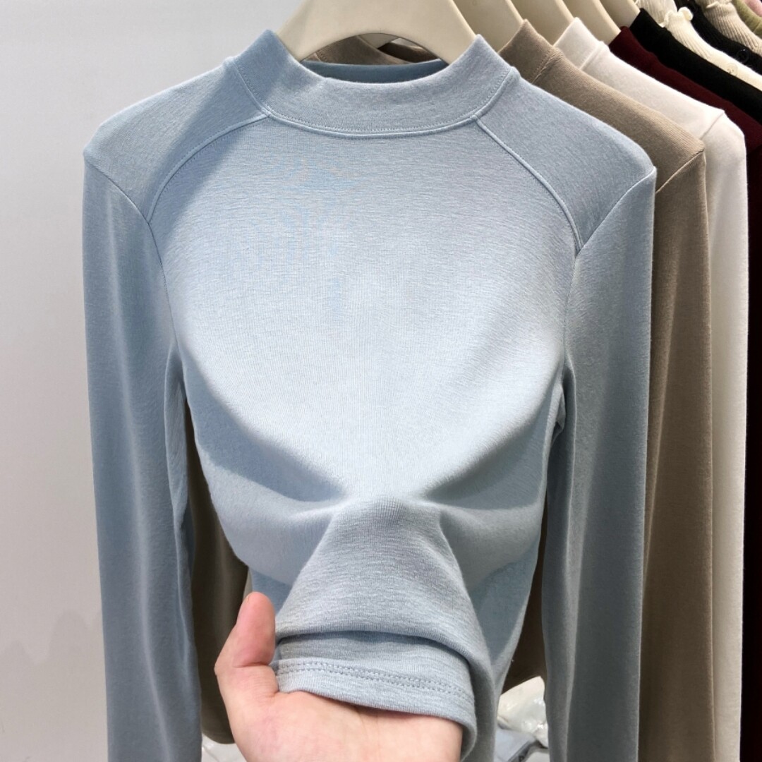 半高领长袖t恤打底衫女2024年秋冬新款设计感修身内搭小立领上衣