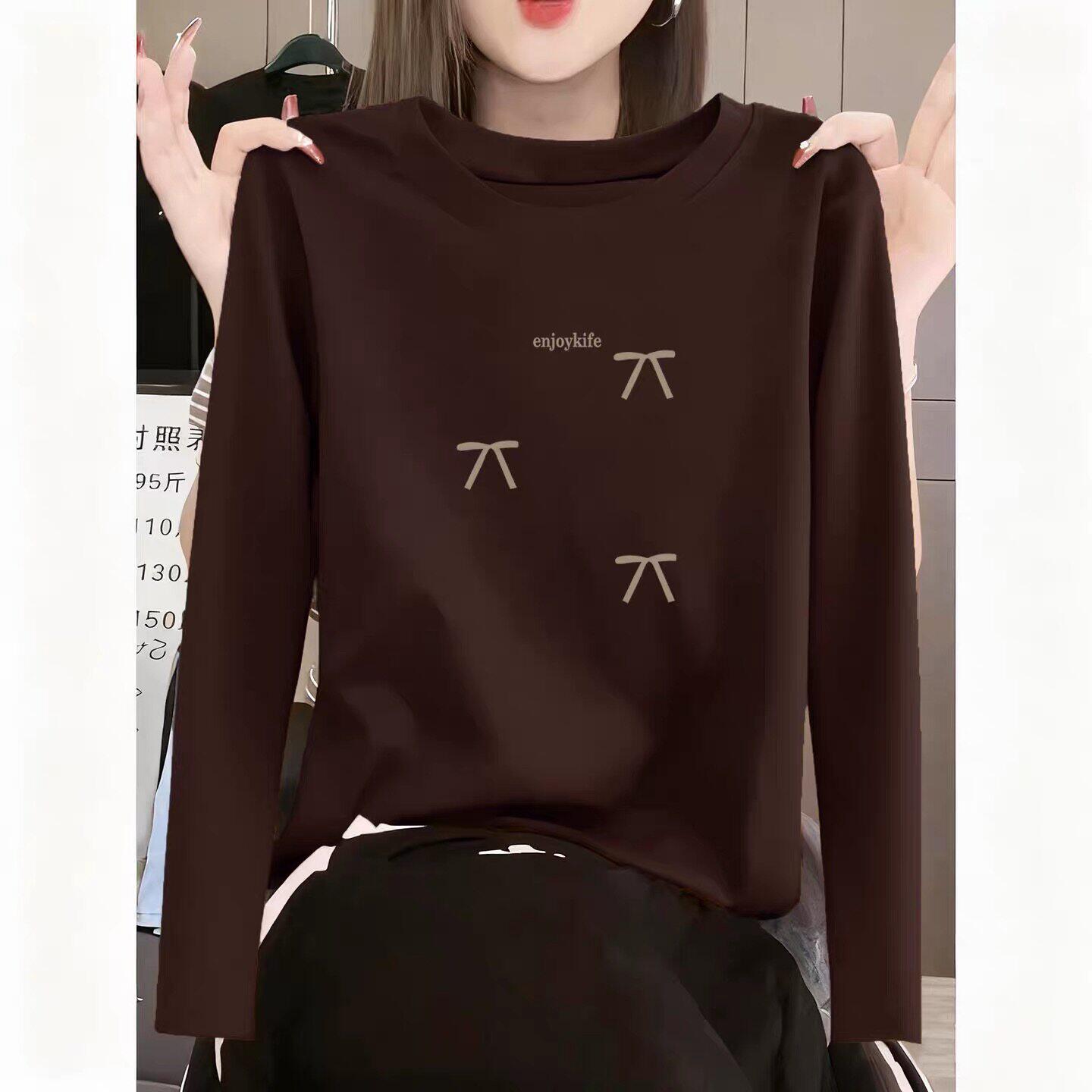 正肩纯棉长袖t恤女咖啡色百搭洋气设计感上衣打底衫2026新款春秋