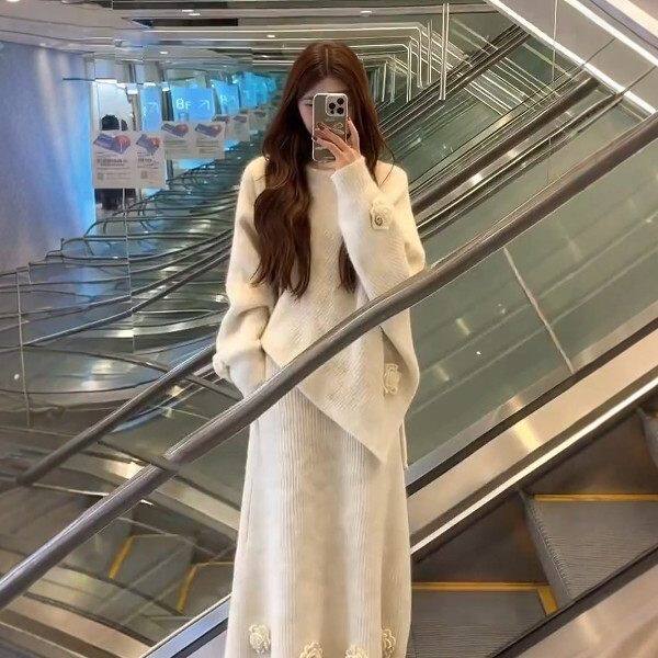 立体花朵不对称毛衣针织半身裙两件套女秋冬温柔风氛围感气质套装