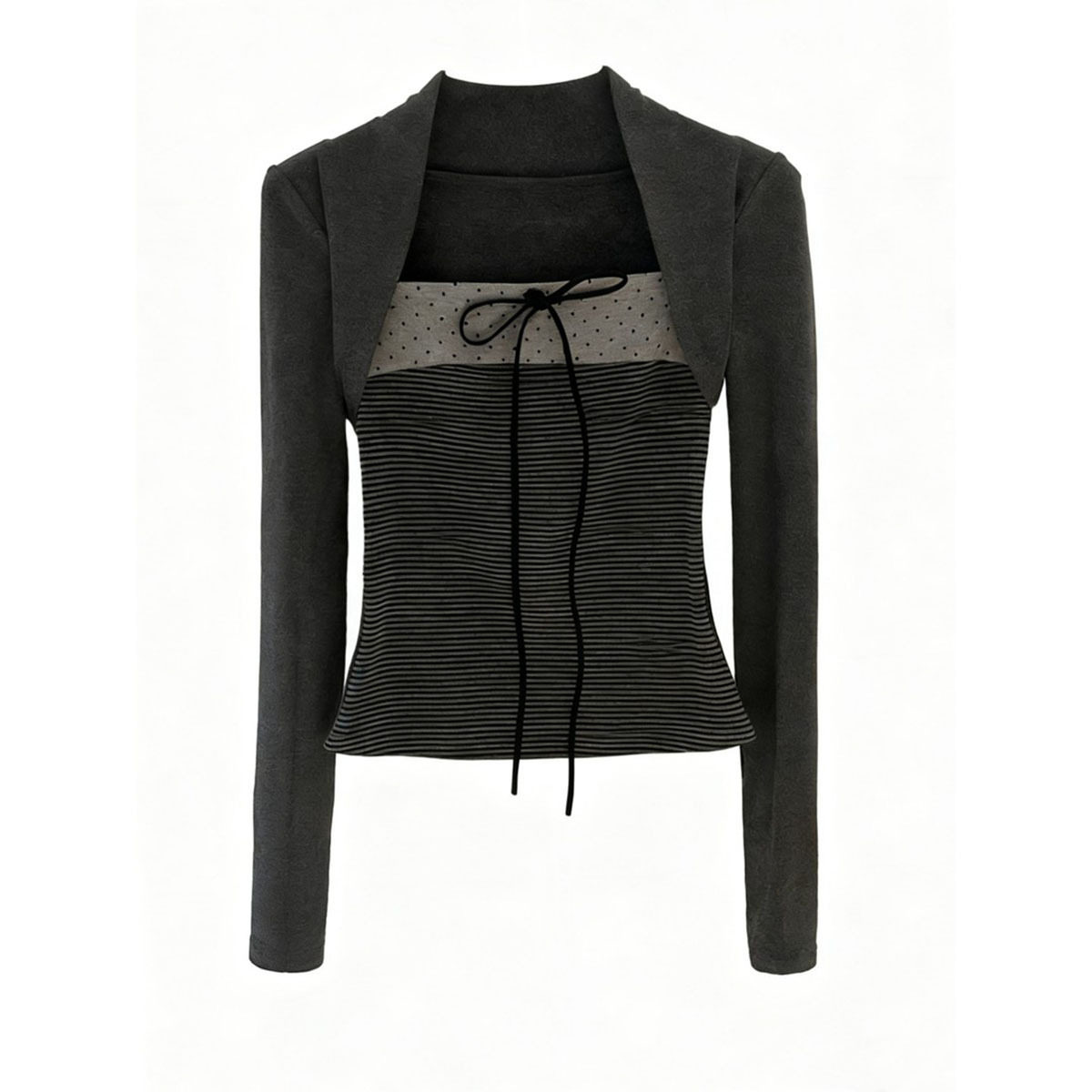 韩系蝴蝶系带假两件波点长袖T恤女秋冬新款修身显瘦方领打底上衣