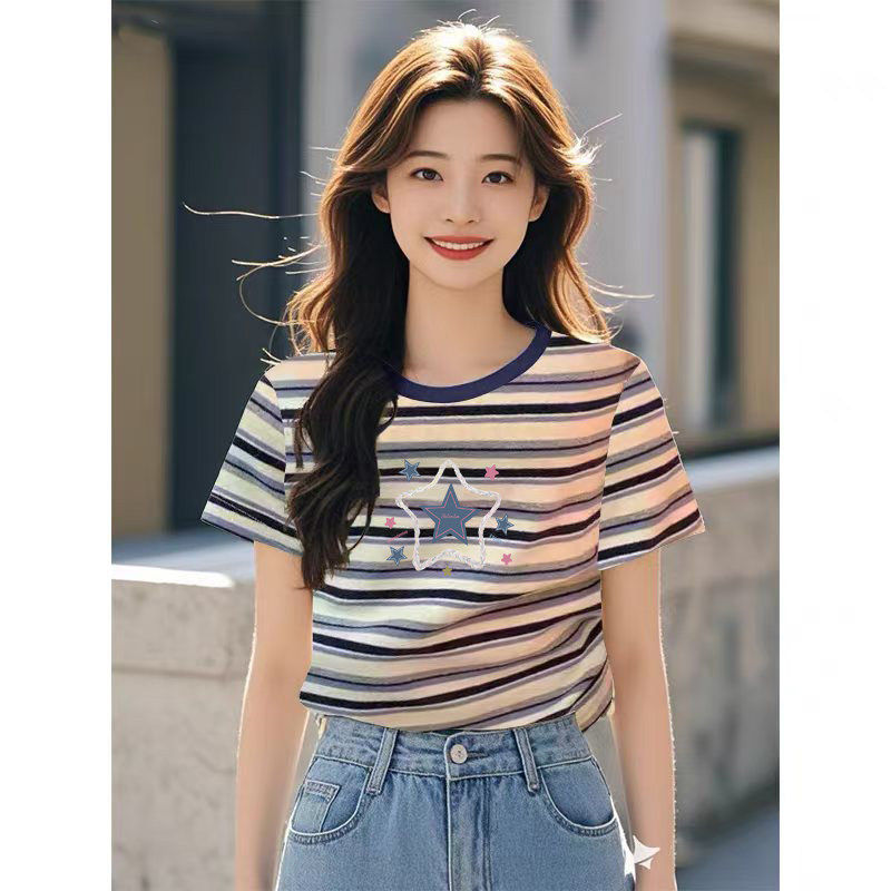 韩系条纹纯棉短袖T恤女2025年夏季新款宽松休闲显瘦遮肉上衣服ins