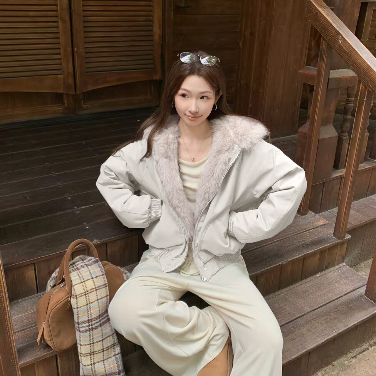 实拍国潮座山雕毛绒连帽棉服2025冬季美式cleanfit设计感加厚棉衣