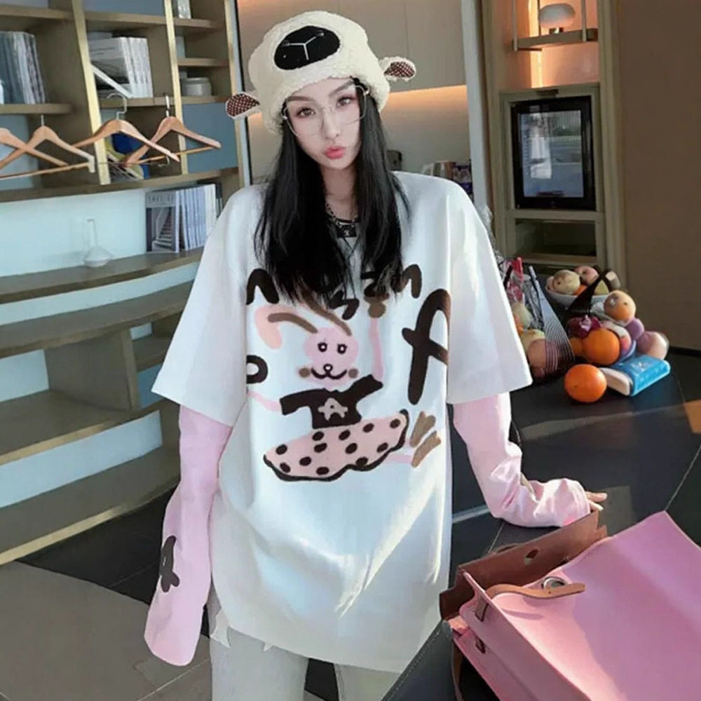 2026春季新款中长款打底衫兔子本命年ins宽松假两件长袖t恤女