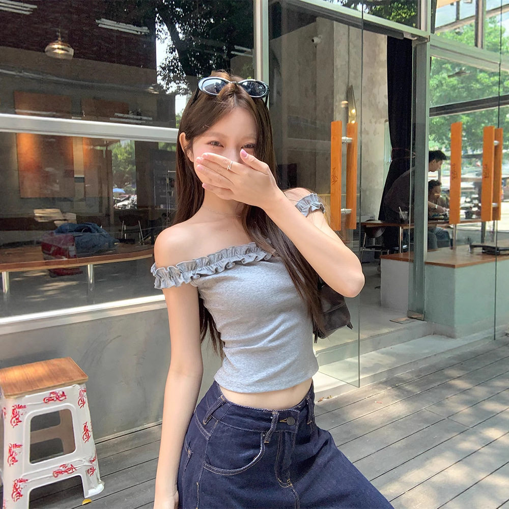 设计感小众木耳边一字肩T恤女装夏季露肩修身短款甜辣妹百搭上衣