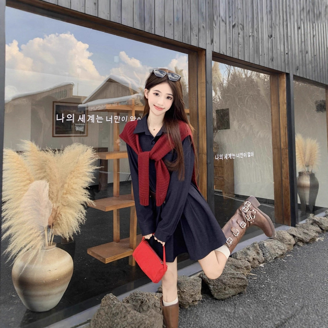 韩系藏青色polo领长袖衬衫连衣裙女气质高级感腰带收腰百褶短裙子