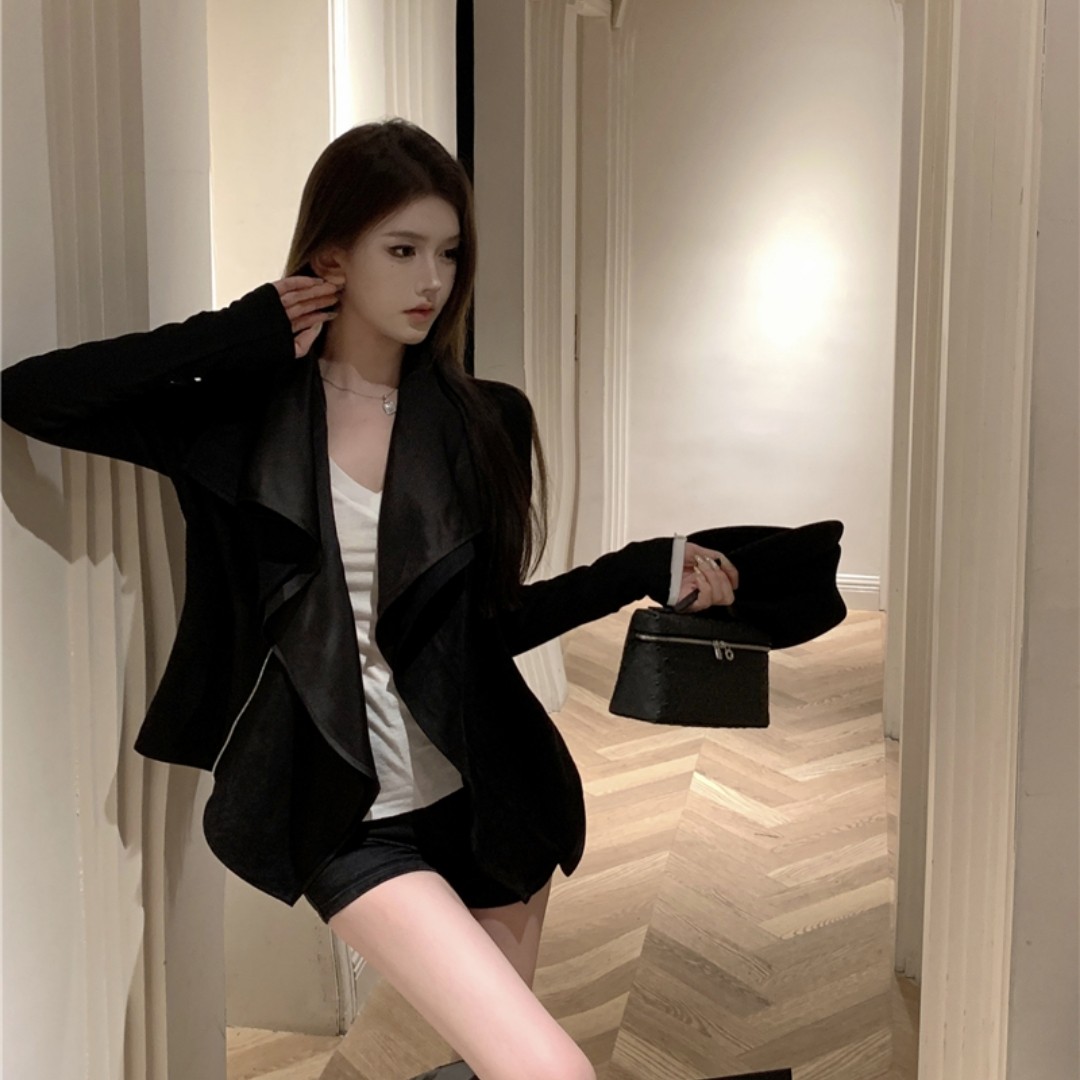 实价实拍螺纹针织布鹿皮拼接垂感有型短外套女新款慵懒上衣