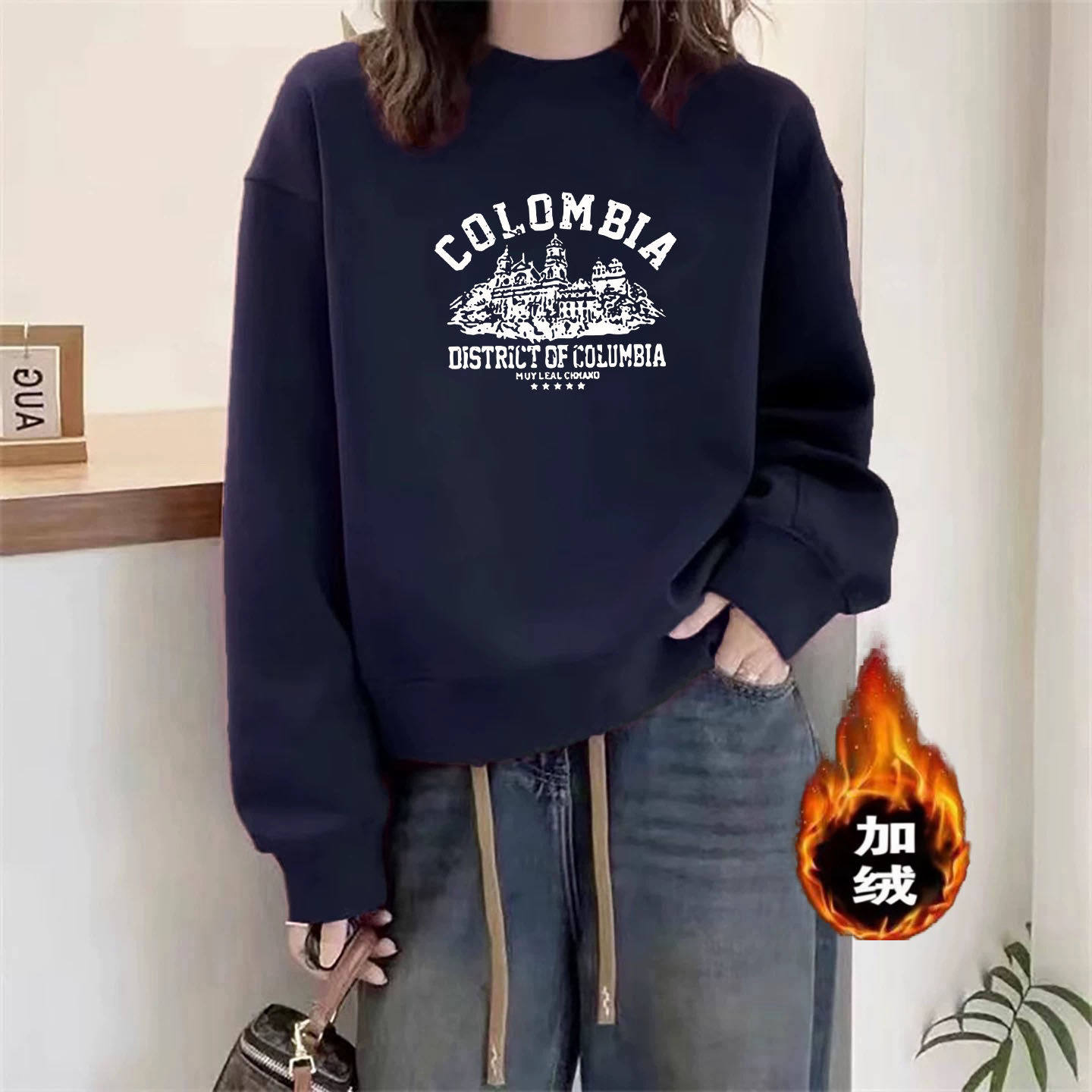 情侣装美式复古chic蓝色正肩卫衣女大码宽松上衣ins秋冬加绒外套