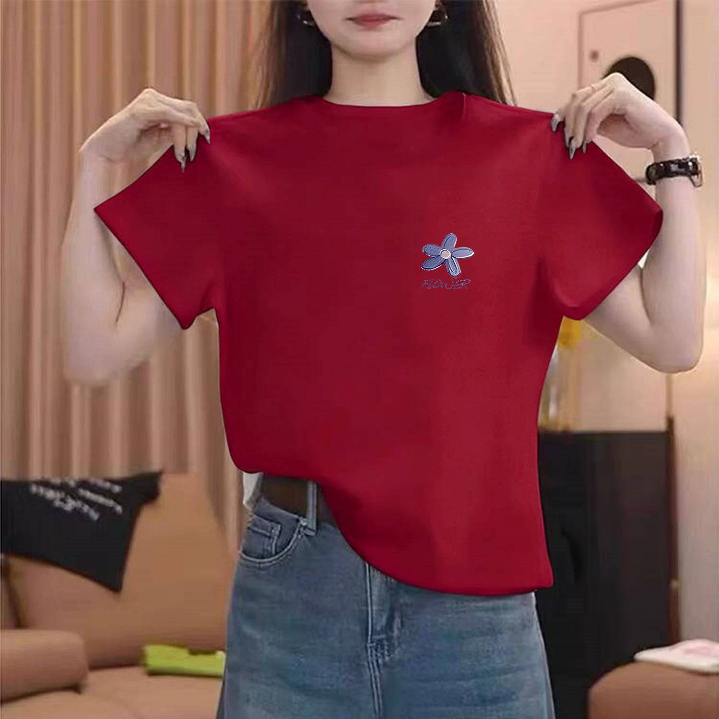 2026春夏红色减龄短袖女t恤ins春夏新款纯棉圆领本命年内搭上衣潮