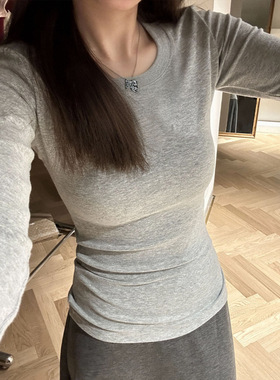 美式辣妹修身基础款长袖T恤女春秋冬季加绒磨毛内搭打底正肩上衣