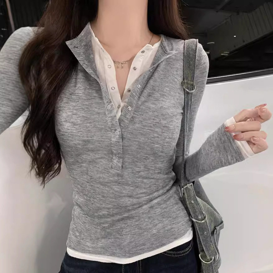 假两件撞色拼接长袖T恤女新款内搭修身打底衫半开领设计感上衣潮
