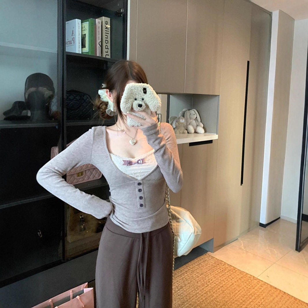 蕾丝拼接假两件蝴蝶结长袖T恤女秋季修身收腰设计感纯欲打底上衣