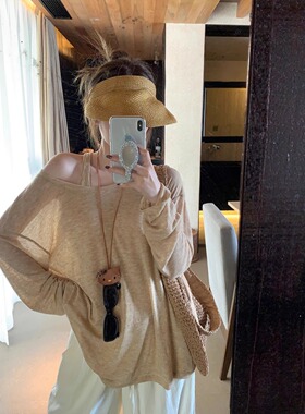 春季防晒罩衫两件套女微透薄款长袖T恤+挂脖工字吊带背心无袖上衣