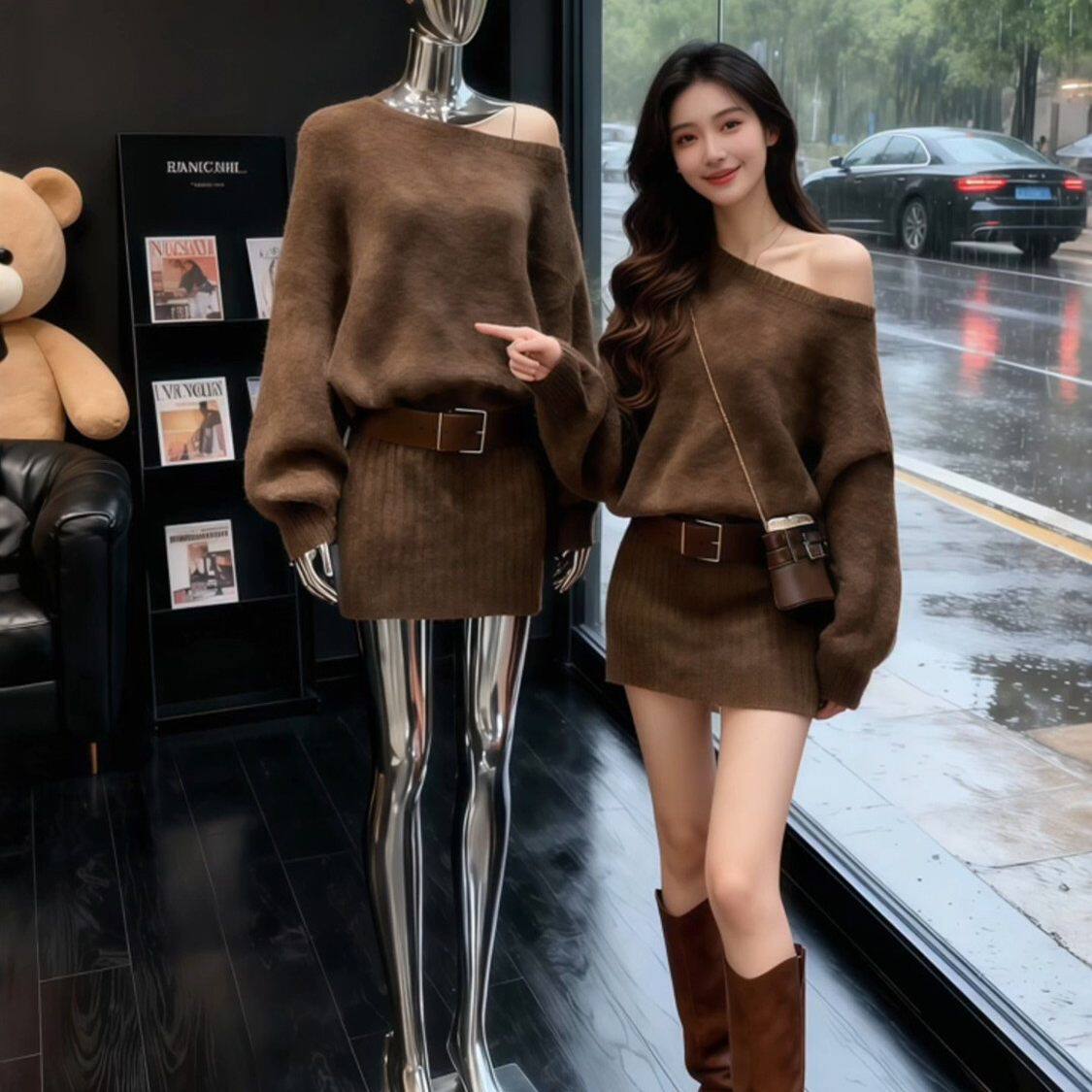 美拉德风棕色针织洋装女轻奢高级感腰带包臀裙气质斜肩毛衣短裙