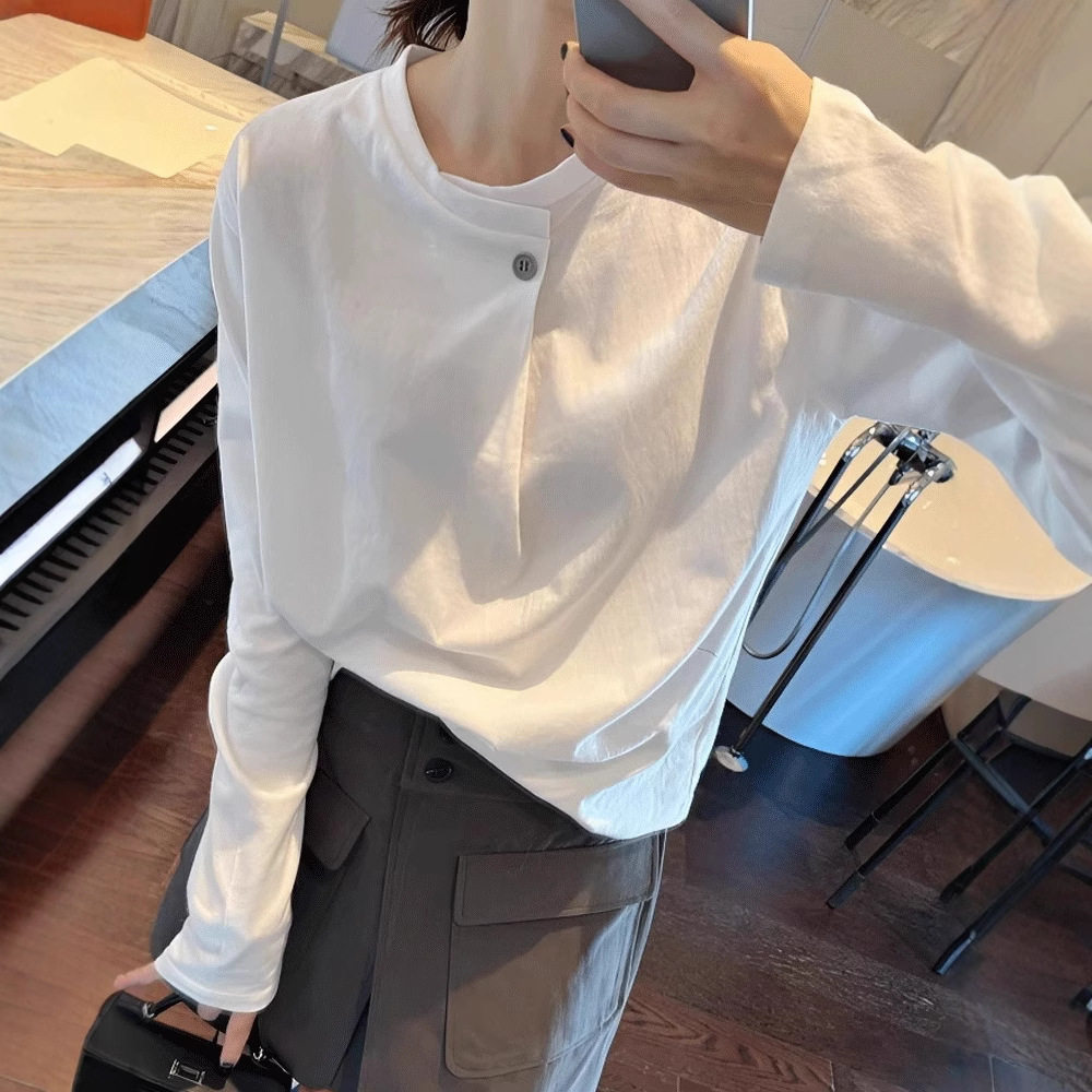 新款白色纯棉长袖t恤女士秋装新品欧货简约设计感显瘦遮肉打底衫