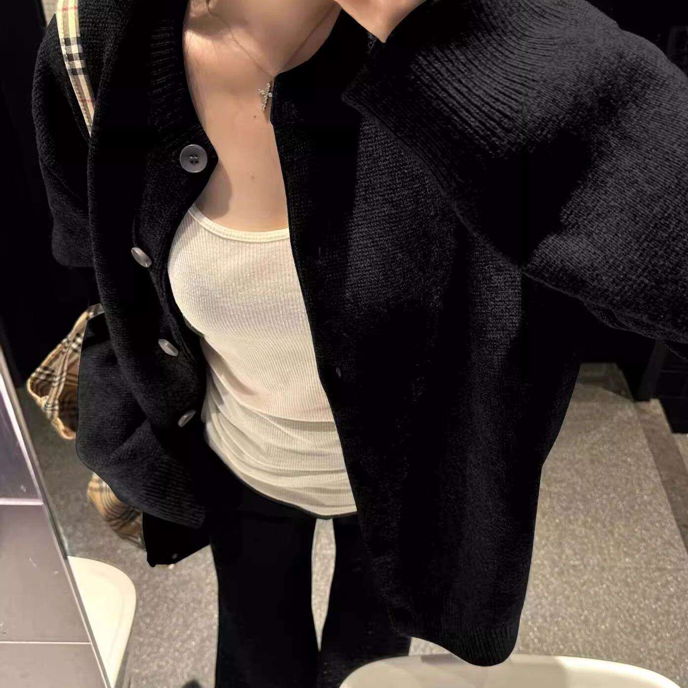 黑色针织开衫女秋季宽松慵懒风休闲高级感春秋外搭毛衣外套上衣冬