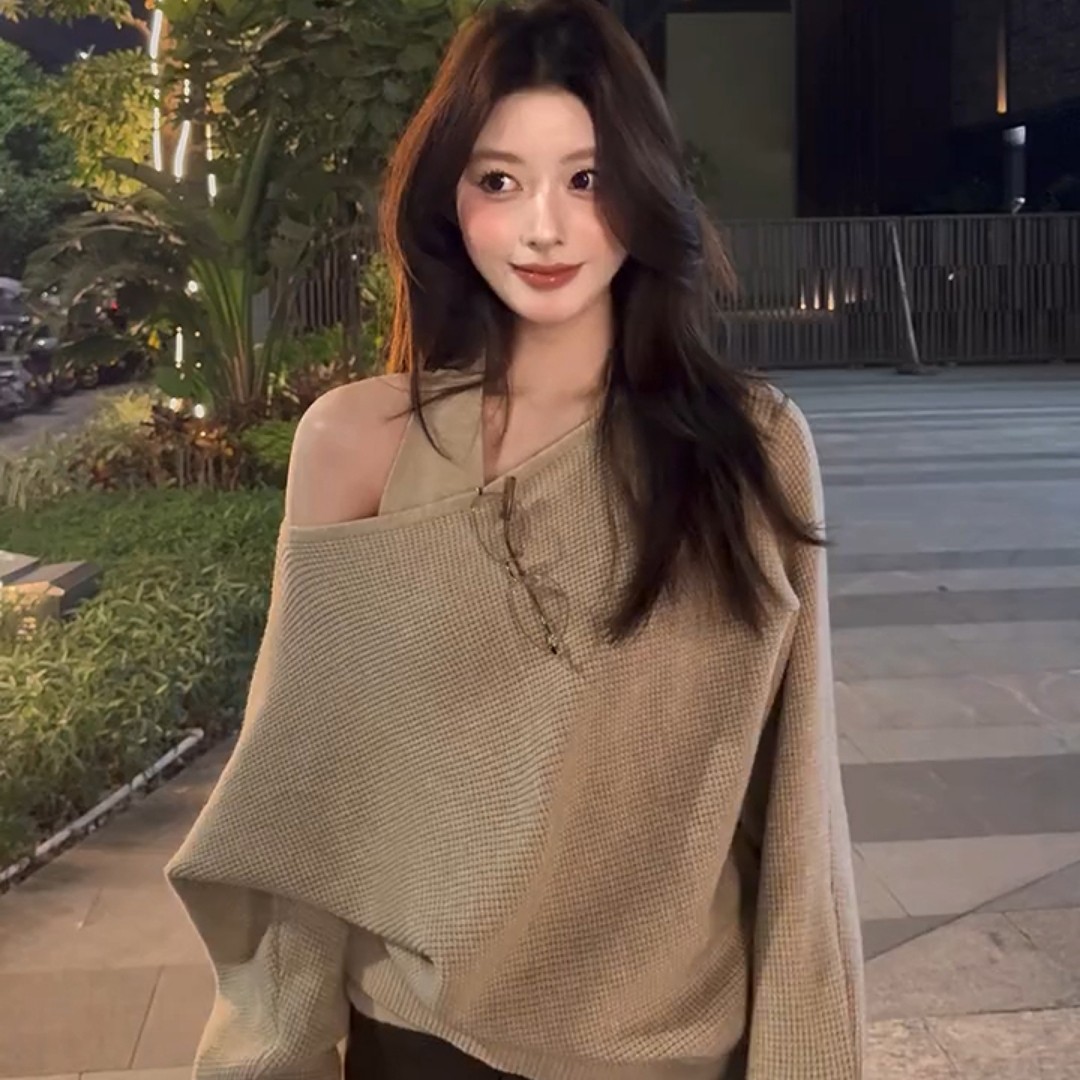 已到货 韩里韩气多种穿法春秋气质华夫格宽松针织衫背心套装