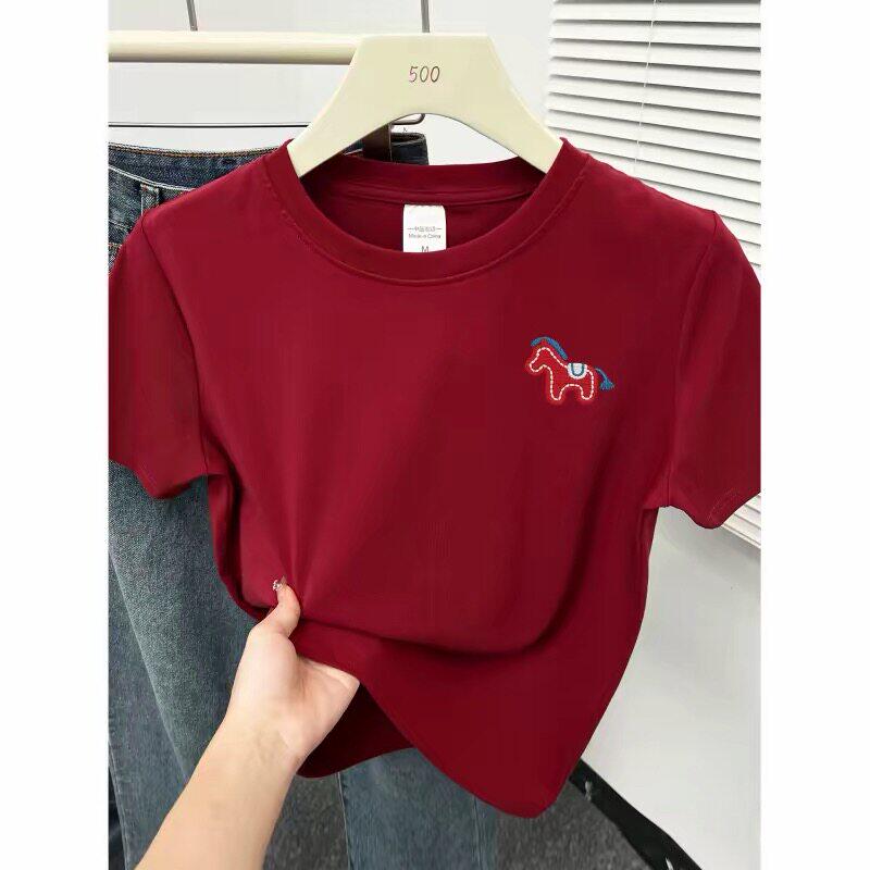 圆领2026新款酒红色正肩短袖t恤女胖mm大码遮肚藏肉百搭洋气上衣