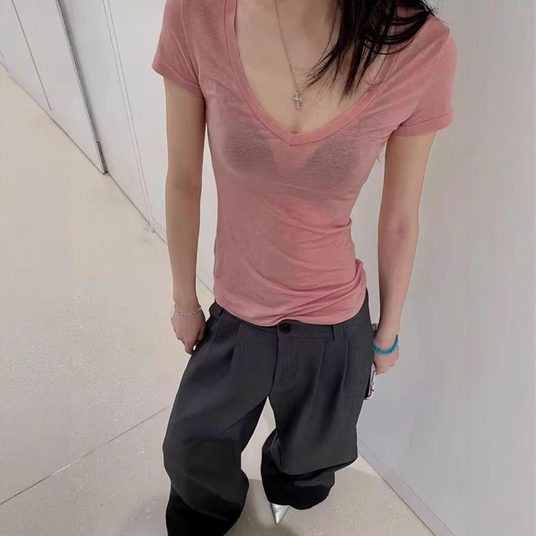 粉色纯欲夏季凉感V领显瘦短袖t恤女微透心机掐腰甜辣休闲小上衣