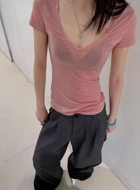 粉色纯欲夏季凉感V领显瘦短袖t恤女微透心机掐腰甜辣休闲小上衣
